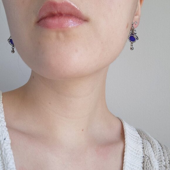 Whimsical Victorian Fairy silver earrings with bright royal blue caged pearls - Picture 4 of 8